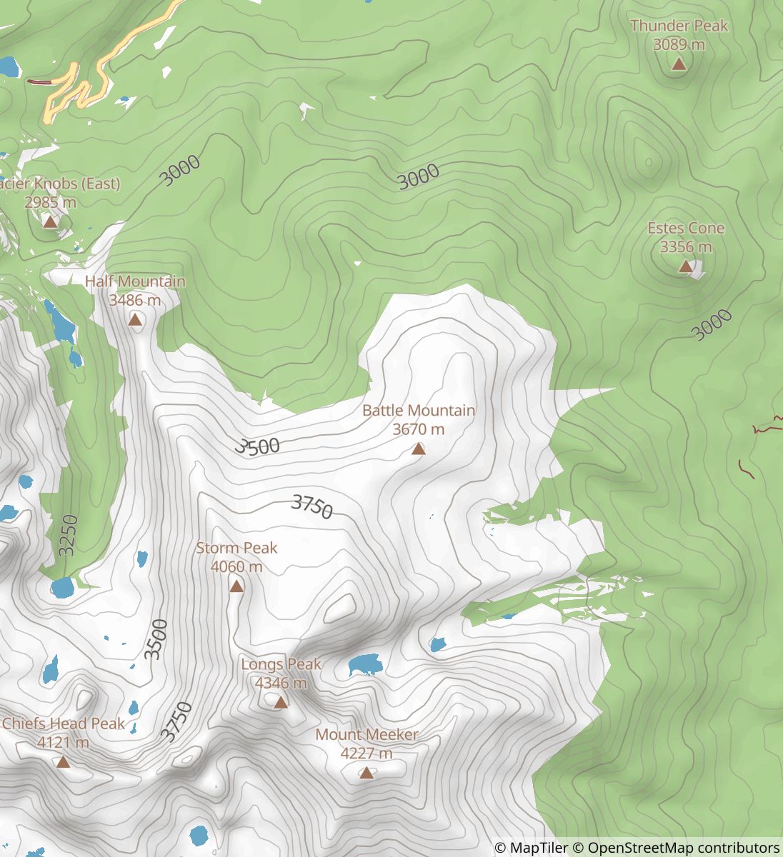 Longs Peak Trail to Glacier Gorge map image