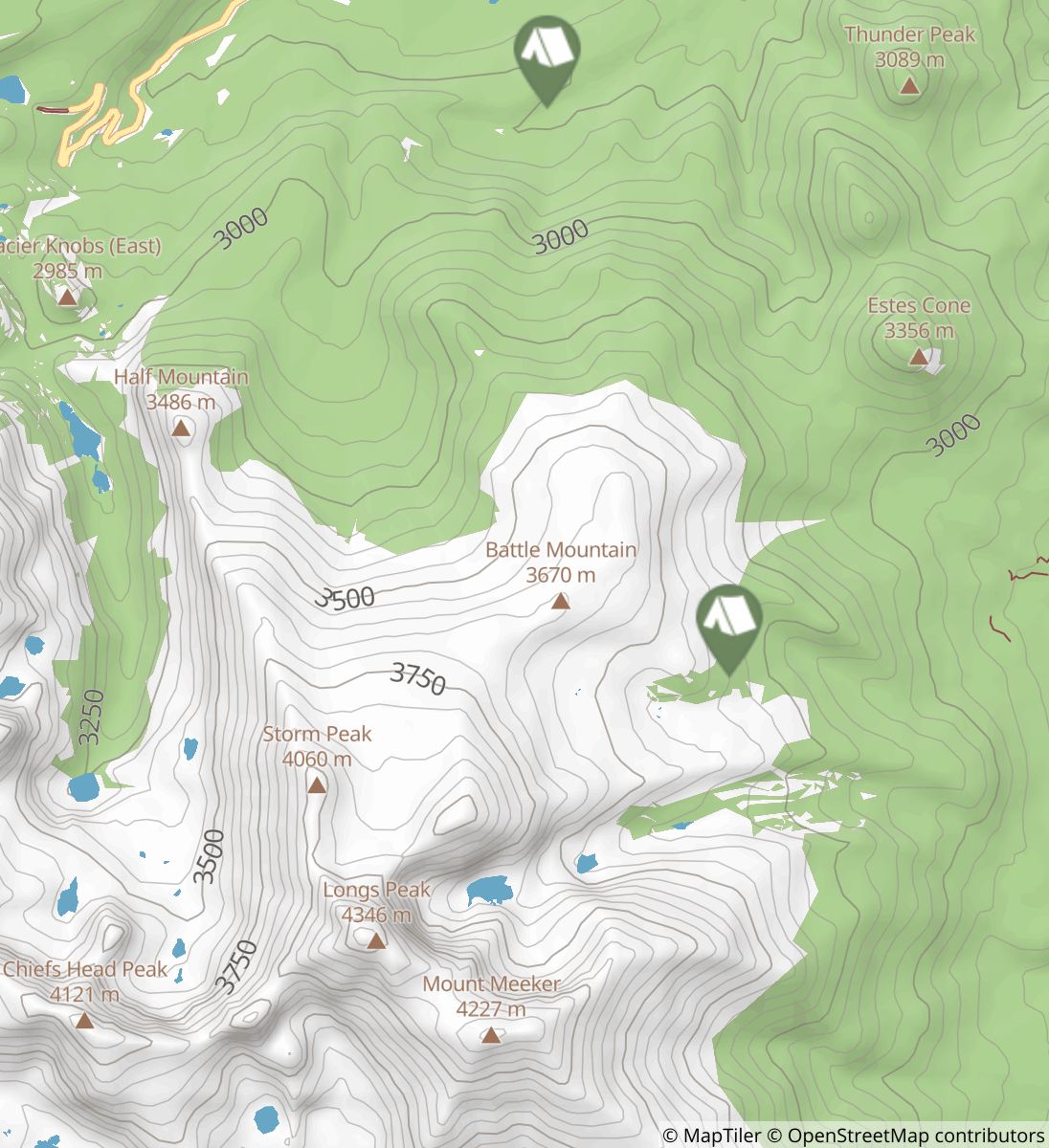Longs Peak Trail to Glacier Gorge map image